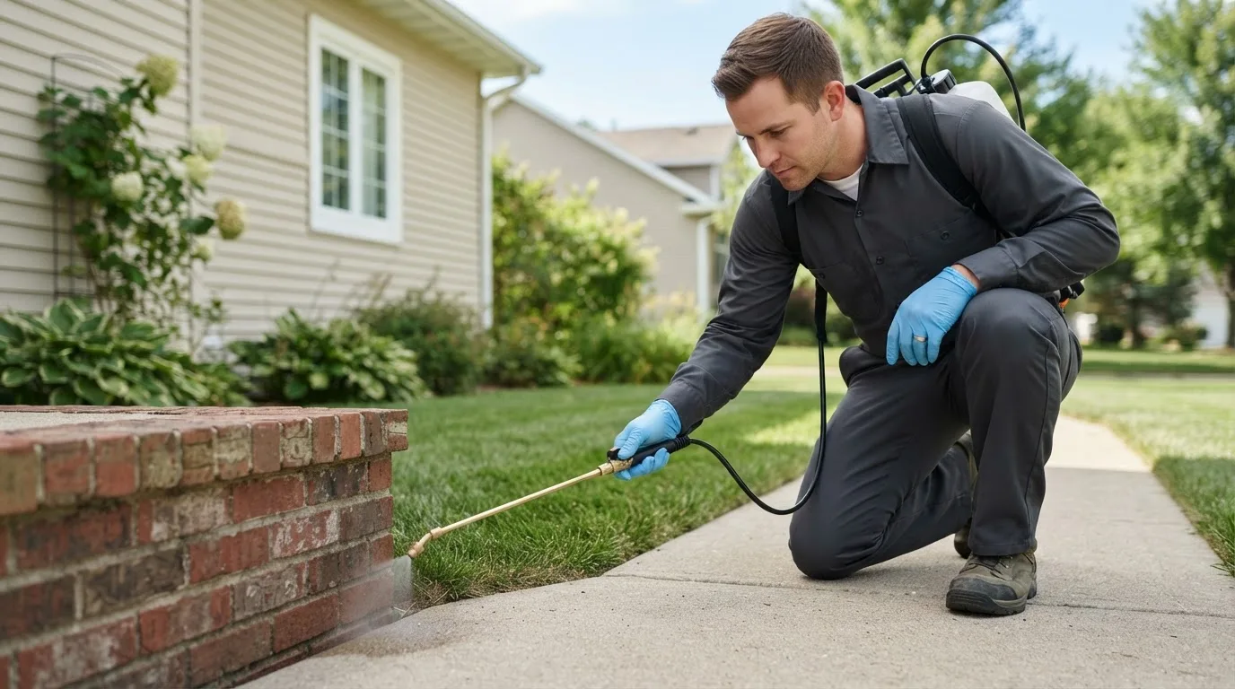Pest control technician treating a home near Brookesmith, TX